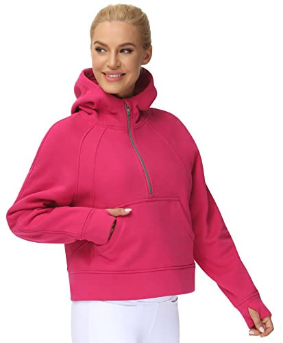 THE GYM PEOPLE Women’s Hoodies Half Zip Long Sleeve Fleece Crop Pullover Sweatshirts with Pockets Thumb Hole Bright Pink | Amazon (US)