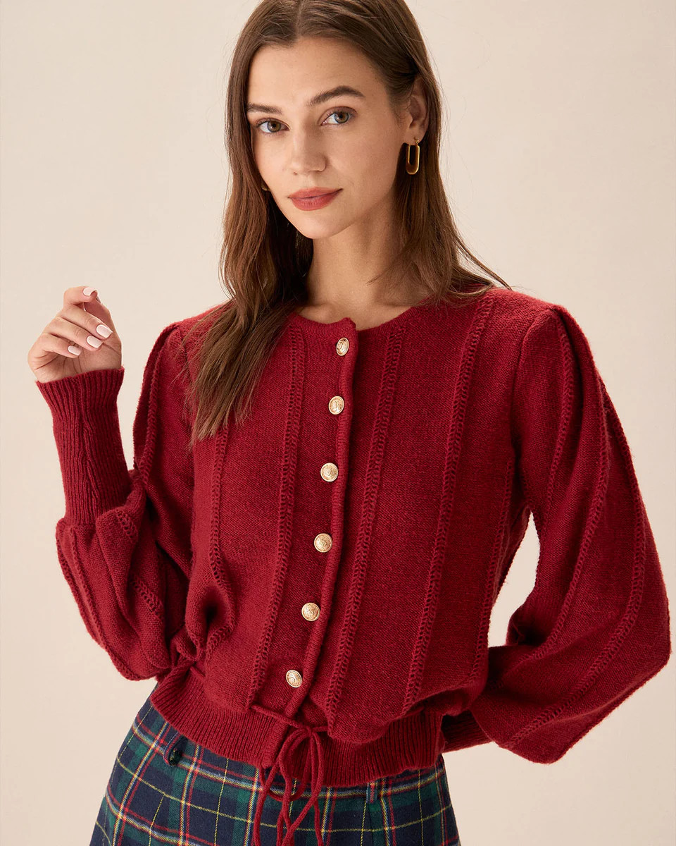 Red Lantern Sleeve Single-Breasted Cardigan | rihoas.com