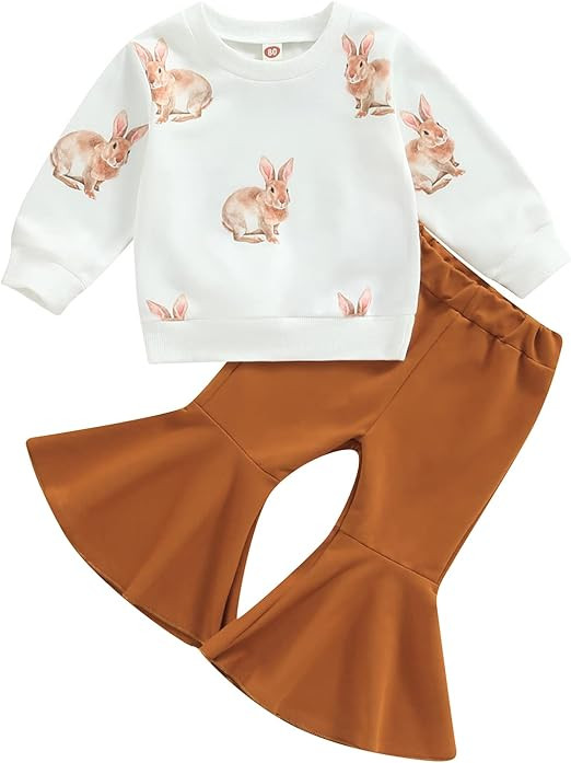 Infant Toddler Baby Girl Easter Outfit Bunny Long Sleeve Sweatshirt Tops and Flared Pants Easter ... | Amazon (US)
