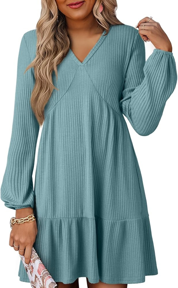 Dokotoo Fall Dresses for Women 2025 Long Sleeve V Neck Lightweight Ribbed Knit Empire Waist Casua... | Amazon (US)