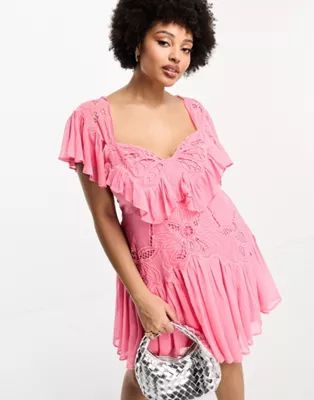 ASOS DESIGN Curve exclusive embroidered cut out mini dress with pephem and frills in pink | ASOS (Global)