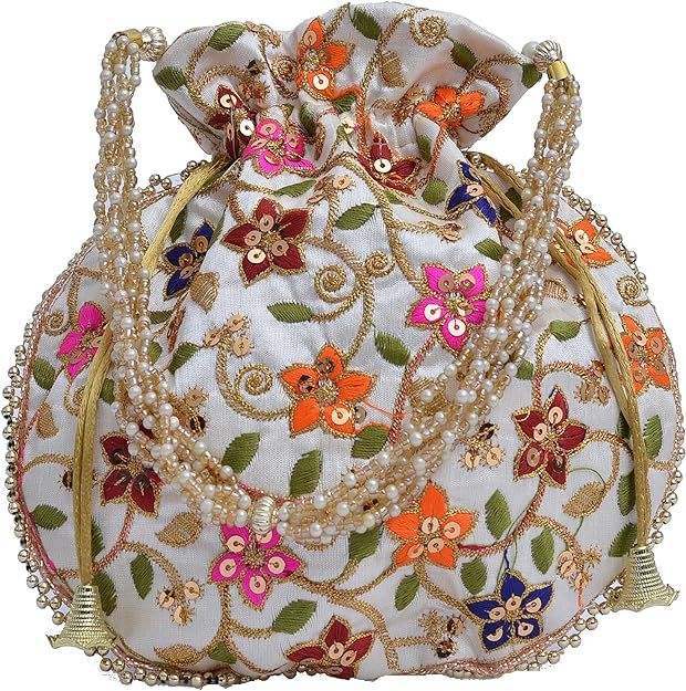 Indian Embroidered Potli Bag for Women's Embroidered Silk Batwa Pearl Handle Clutch Purse Evening... | Amazon (US)