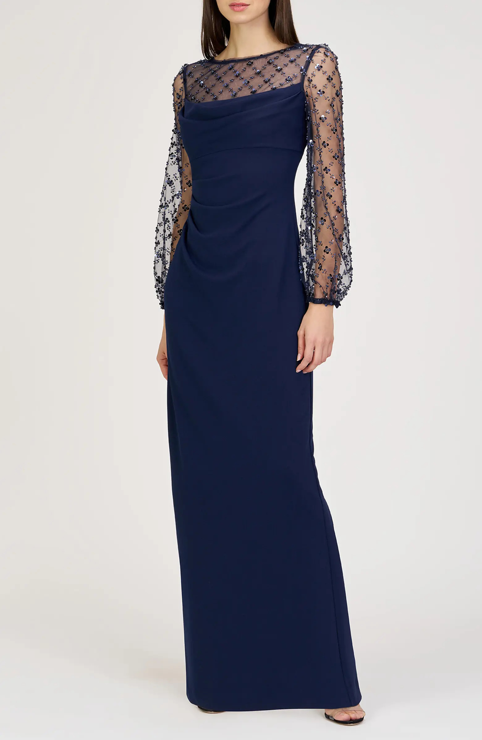 Risha Metallic Floral Appliqué Detail Long Sleeve Crepe Column Gown | Nordstrom