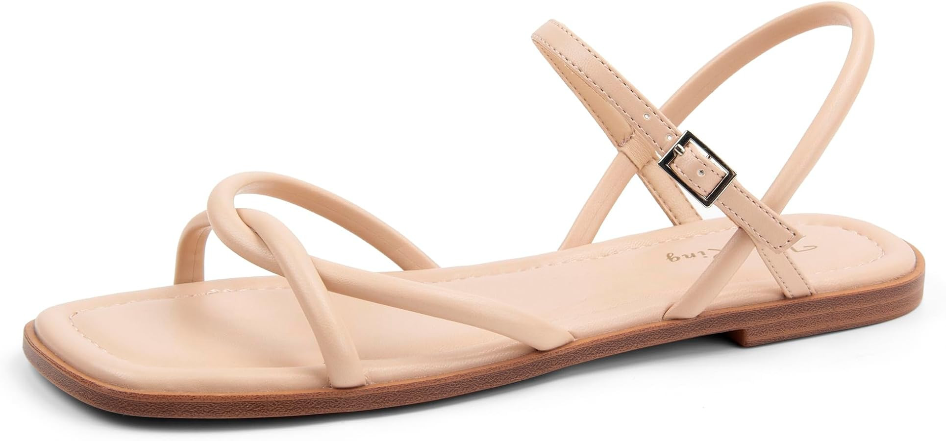 Women's Strappy Flat Sandals Summer Square-Toe Open-Toe Sandals Comfortable Cross-Strap Design Be... | Amazon (US)