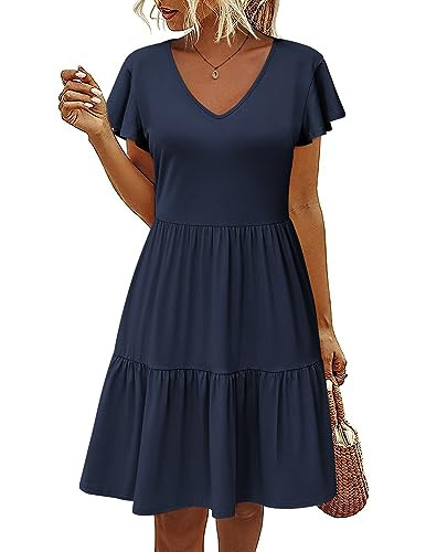 HOTOUCH Casual Navy Blue Dress for Womens Tiered Dresses for Summer Cute Pleated Dress with Side Pockets Ruffle Hem V Neck Loose Swing Dress Navy Blue Medium | Amazon (US)