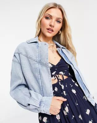 Abercrombie & Fitch puff sleeve denim jacket in mid wash blue | ASOS (Global)