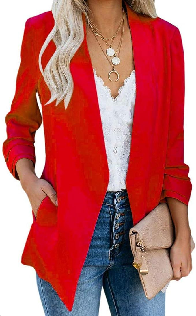 Soulomelody Women Blazers Casual Jackets 3/4 Sleeve Ruched Work Office Open Front Light Suits | Amazon (US)