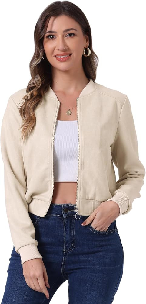 Allegra K Faux Suede Cropped Coat for Women's Stand Collar Zip Up Biker Moto Bomber Jackets | Amazon (US)