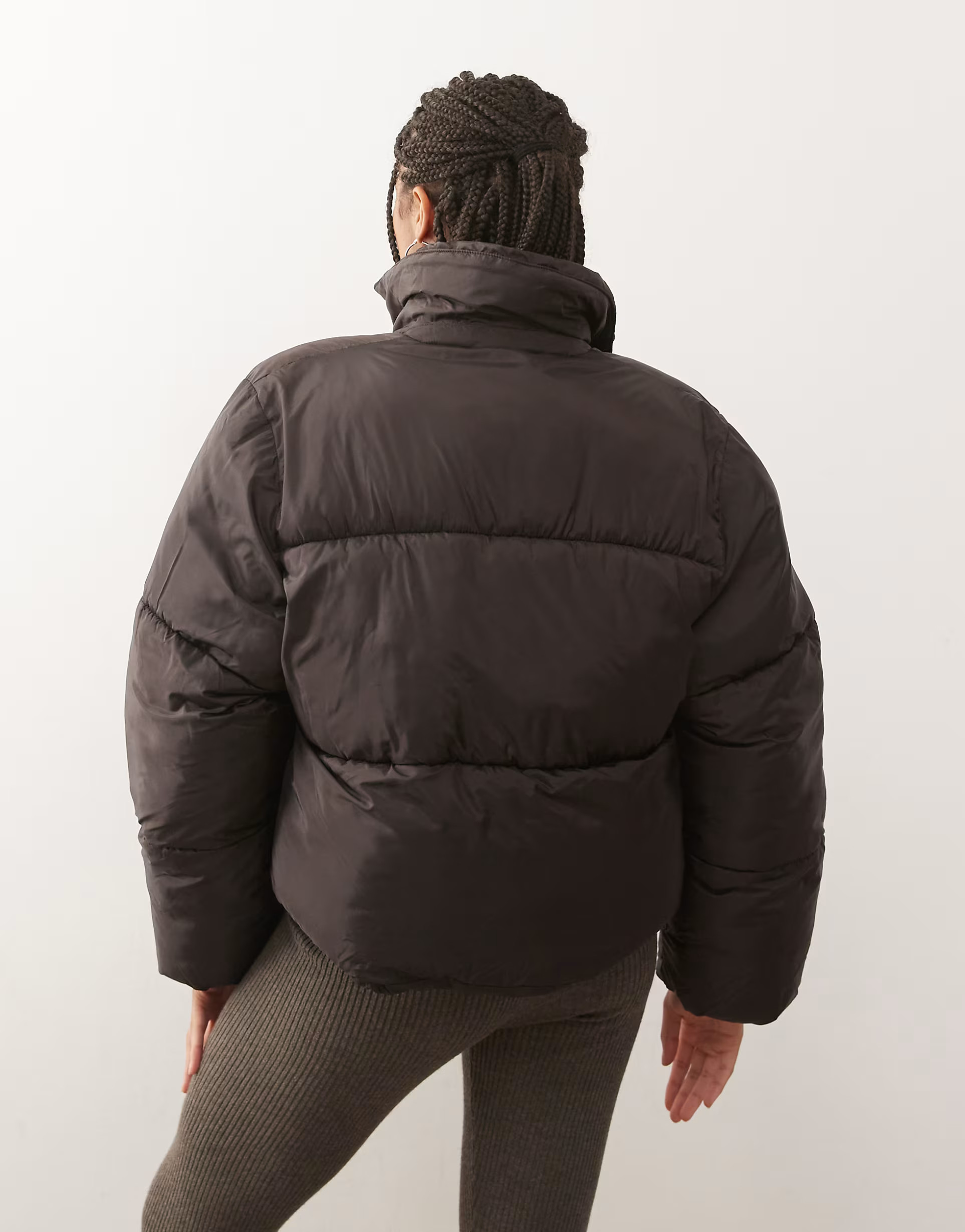 Monki cropped puffer jacket with collar detail in brown | ASOS | ASOS (Global)