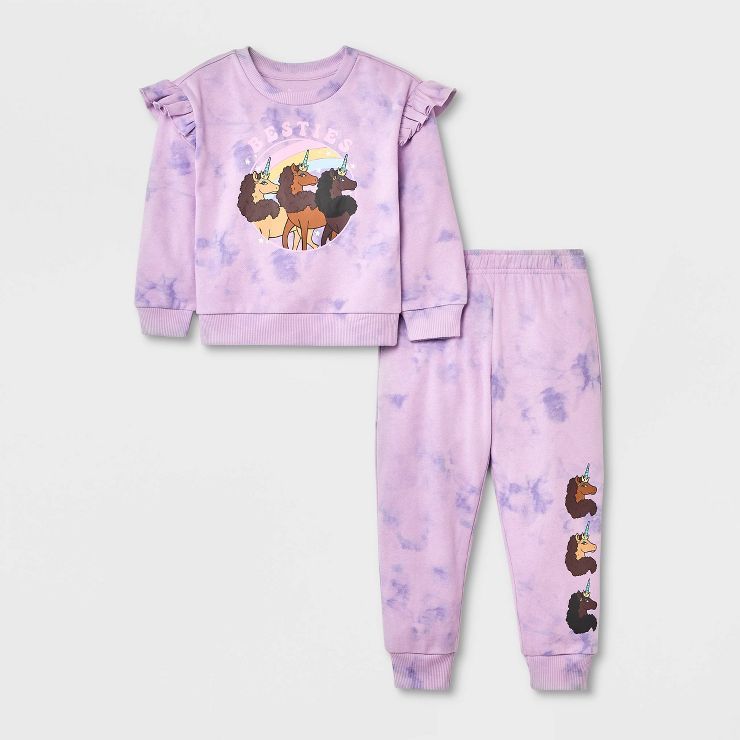 Toddler Girls' Afro Unicorn Tie-Dye Top and Bottom Set - Purple | Target