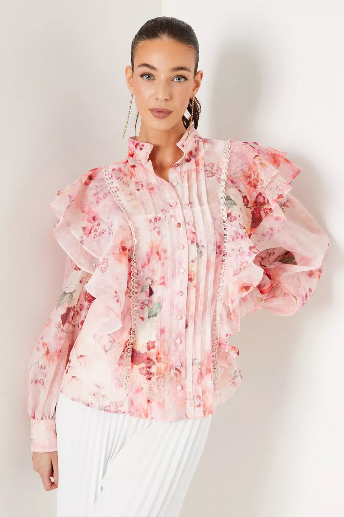 Tops | Printed Pintuck Ruffle Blouse With Volume Sleeve | Coast | Coast UK & IE