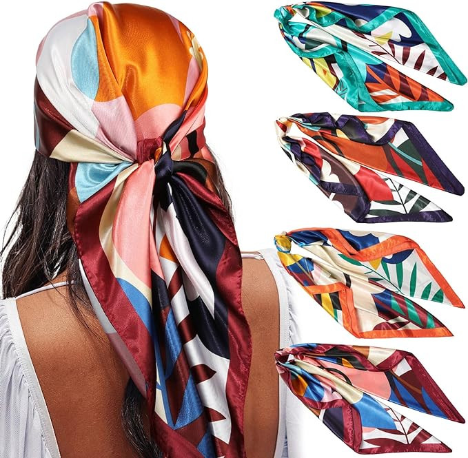AWAYTR 35” Satin Large Square Head Scarves - 4PCS Silk Like Neck Scarf Hair Sleeping Wraps Sati... | Amazon (US)