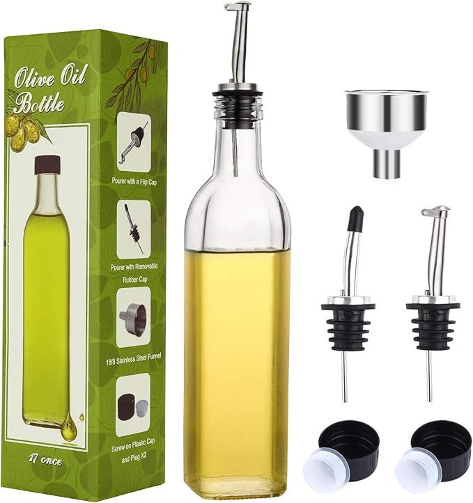 Aozita 17oz Clear Glass Olive Oil Dispenser Bottle - 500ml Oil & Vinegar Cruet with Pourers and F... | Amazon (US)