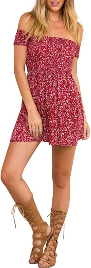 BerryGo Women's Vintage Off Shoulder High Waist Floral Print Beach Mini Dress | Amazon (US)
