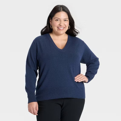 Women's Long Sleeve Cozy Knit Relaxed V-Neck Pullover Sweater - A New Day™ Navy 1X | Target