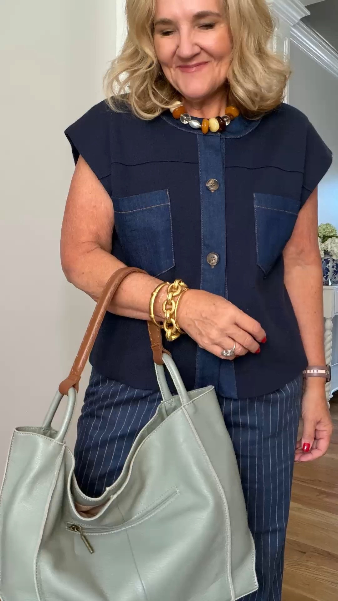 I’m liking this sweater vest with the pinstripe jeans, and the little pockets on the top are such a fun detail. I’m wearing a medium in the top and a petite 6 in the jeans.

#LTKdayinmylife #LTKgrwm #LTKootd