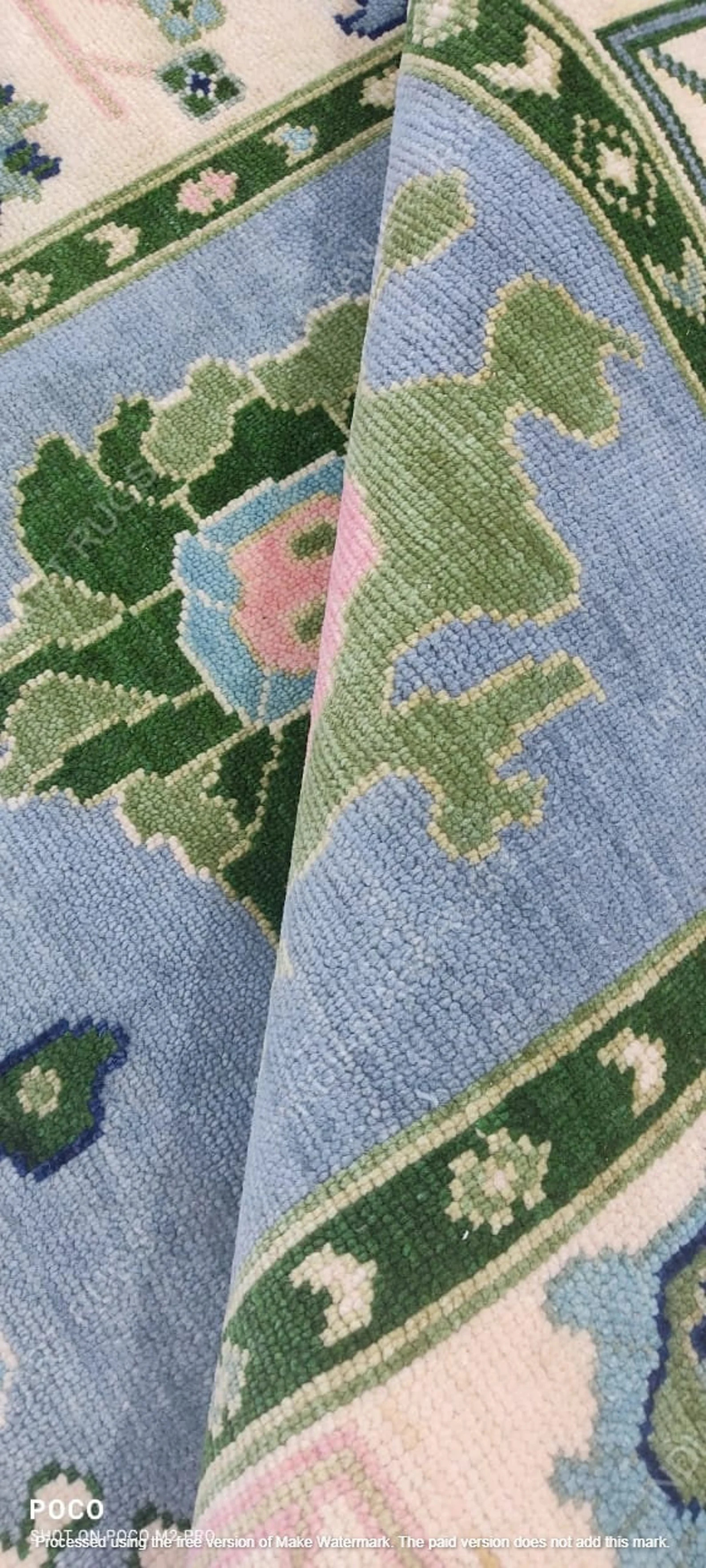 9X12 Sky Blue Beige With Pink and Green Oushak Made to Order in Any Size Geometric Knotted Modern... | Etsy (US)