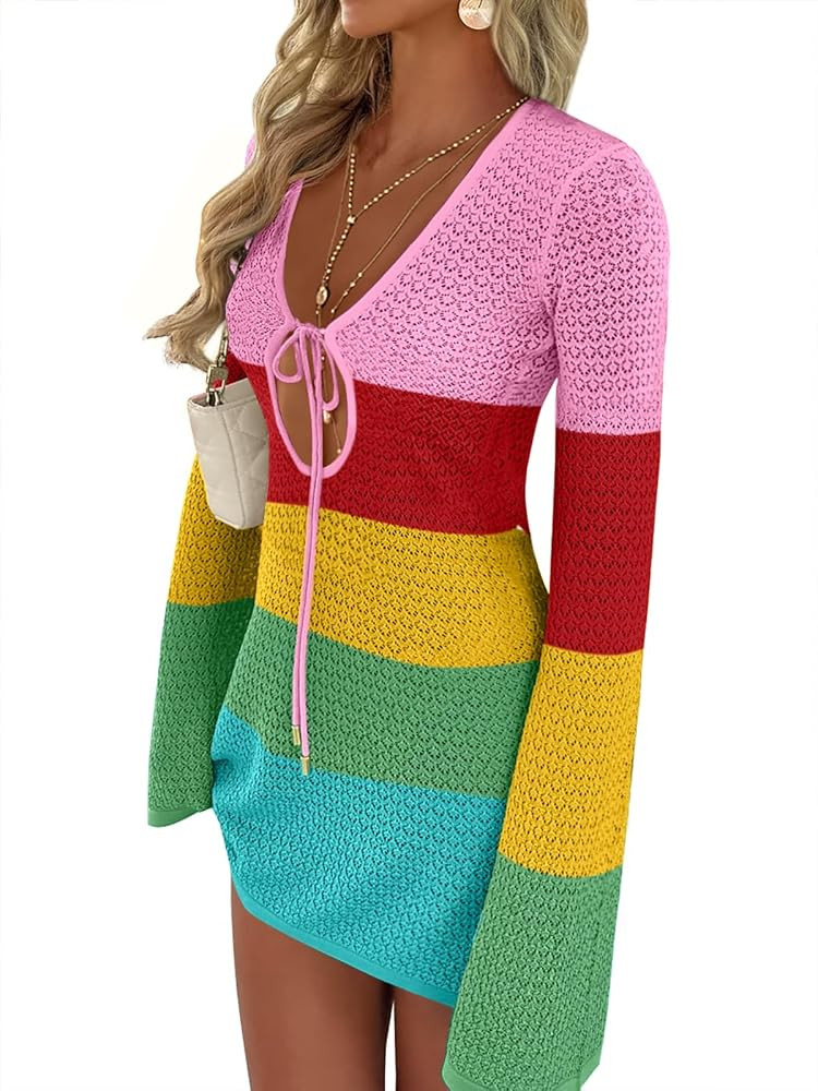 ANRABESS Women\u2019s Crochet Swimsuit Cover Up, V Neck Mesh Knit Beach Dress, Long Sleeve Summer... | Amazon (US)