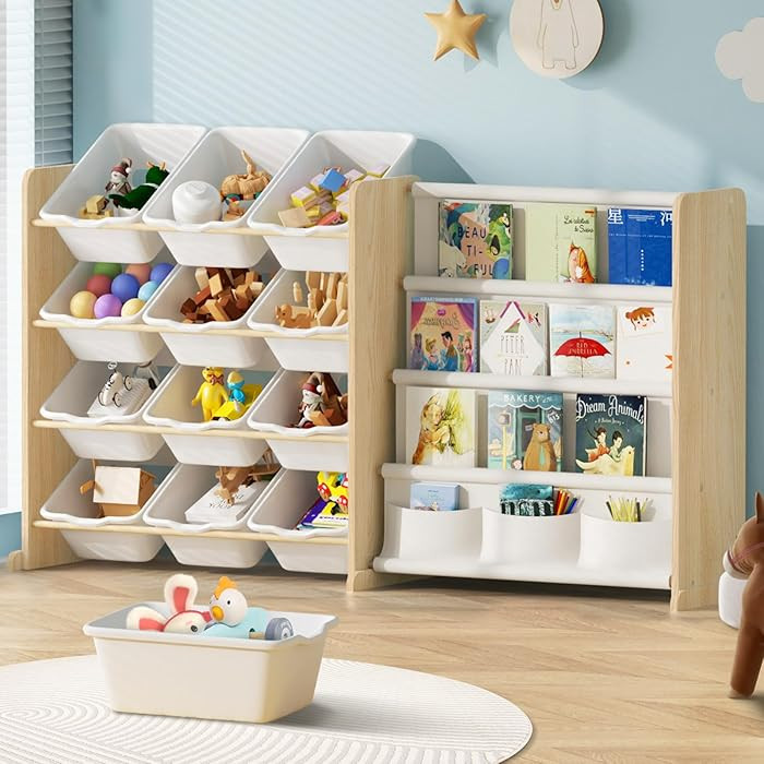 Kids Toy Storage Organizer - Toy Organizer with Bookshelf, Toy Storage with 12 Toy White Bins and... | Amazon (US)