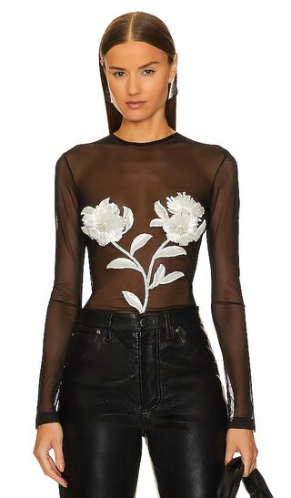 Long Sleeve Crewneck Rafia Floral Embroidered Top in Black & Snow White | Revolve Clothing (Global)
