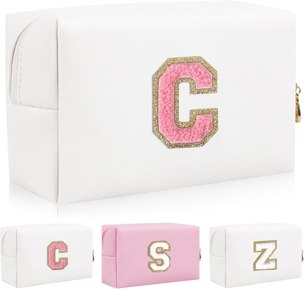 Personalized Initial Letter Patch Makeup Bag, Preppy Portable Chenille Letter Cosmetic Bag with Z... | Amazon (US)