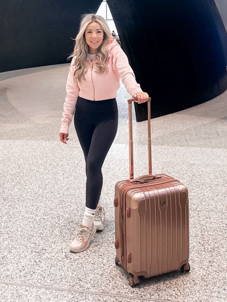 Travel outfit. Travel ootd. Lululemon legging. Wunder train high-rise legging. Scuba full-zip cropped hoodie.  Lululemon scuba hoodie. Nike sneakers. Nike socks. Pink luggage.

#LTKtravel #LTKshoecrush #LTKstyletip