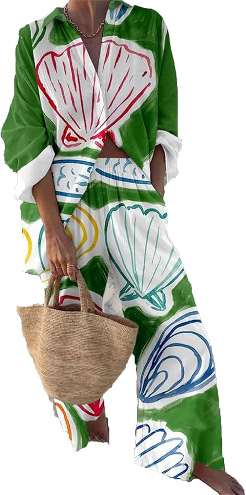 Women 2 Piece Graphic Outfits Long Sleeve Button Up Shirt + Wide Leg Pants Boho Vacation Beach Se... | Amazon (US)