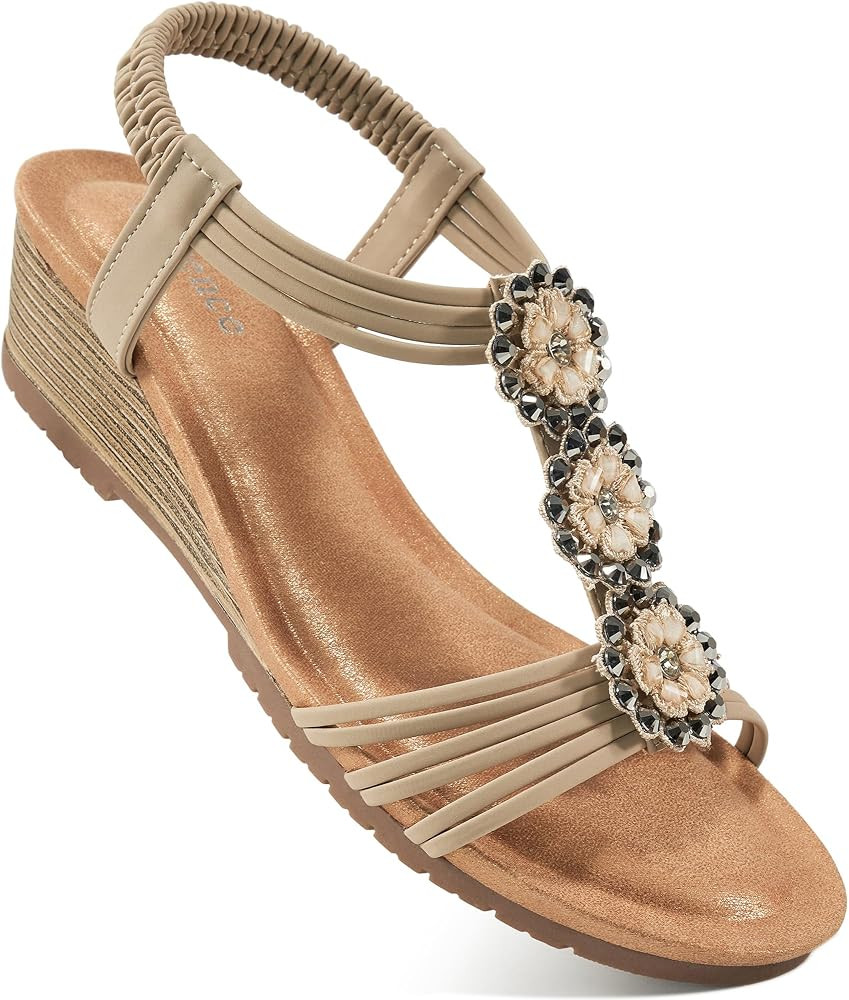 HARENCE Wedge Sandals for Women Shoes: Comfortable Elastic Ankle Strap Low Heel Dress Shoes Open ... | Amazon (US)