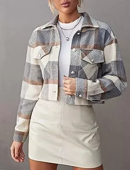 SCUSTY Women's Cropped Plaid Shacket Jacket