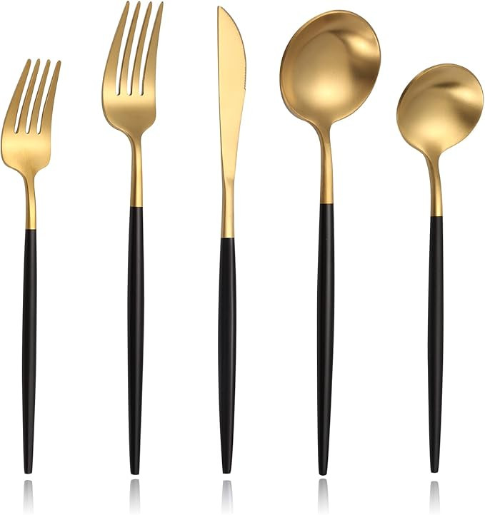 Lemeya Matte Black Gold Modern Silverware Set,18/10 Stainless Steel Flatware Set,20-Piece Cutlery... | Amazon (US)