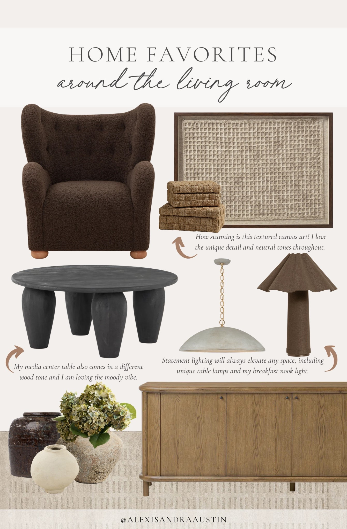 Recent finds for a living room refresh! Collected, inspired home finds that work great in a living room or any space of your home.

Home finds, neutral home inspo, furniture, favorites, neutral, wood tones, cozy, accent, chair, coffee, table, details, sideboard, favorite, textured, art, lighting, details, statement, lighting, table, lamp, moody, home finds, collected style, vintage, inspired vases, for florals, Wayfair, Lulu, and Georgia, four hands, pottery, barn, style, shop to look!

#LTKSeasonal #LTKHome