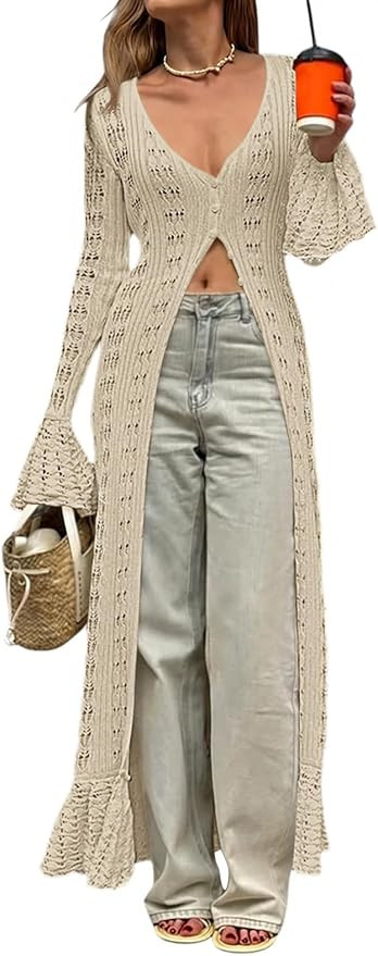 Saodimallsu Womens Crochet Long Cardigans Duster Button Up Bell Long Sleeve Ruffle 2026 Summer Bo... | Amazon (US)