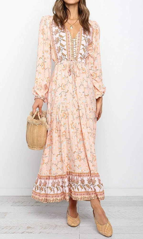 R.Vivimos Women's Long Sleeve Cotton V-Neck Button Up Floral Print Boho Flowy Midi Dresses | Amazon (US)