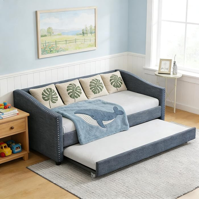 Upholstered Daybed with Trundle, Twin Size Day Bed w/Button-Tufted Back and Piping on Waved-Shape... | Amazon (US)