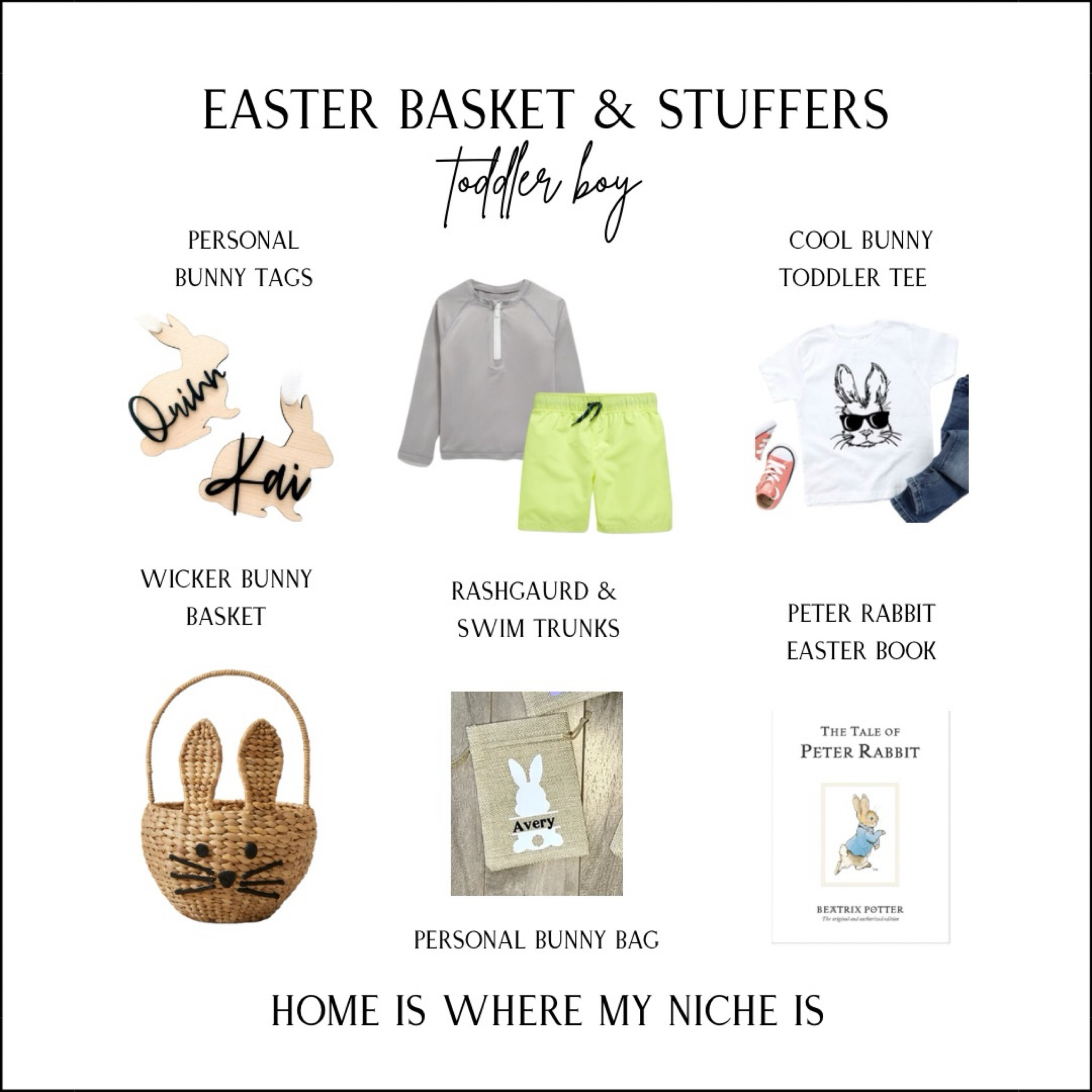 Toddler Boy Easter Basket & Stuffers
+ personal bunny basket tags
+ wicker bunny basket 
+ quarter zip rashgaurd & swim trunks 
+ personal bunny bag
+ cool bunny toddler tee
+ perter rabbit Easter book


Amazon | Etsy | Canada 

#LTKkids #LTKSeasonal #LTKfamily