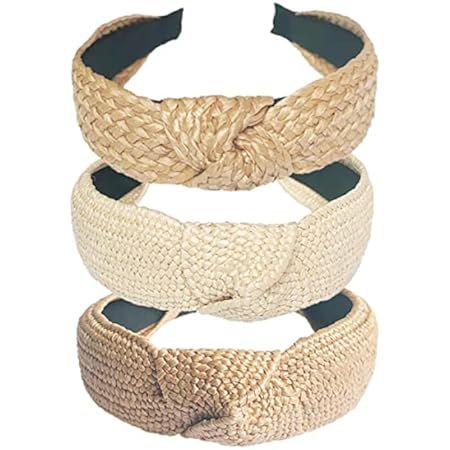 Amazon.com : 3 Pieces Straw Knotted Headbands for Women Summer Beach Rattan Top Knot Headband Boh... | Amazon (US)