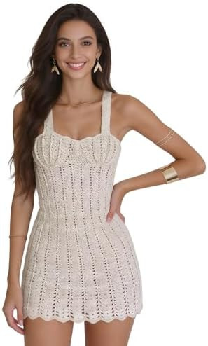 Women's Crochet Knit Mini Dress Spaghetti Straps Pearl Sheel V Neck Bikini Ruffle Hem Beach Dress... | Amazon (US)