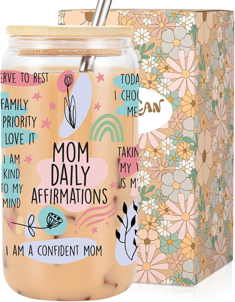 LEADO Mom Daily Affirmations Cups, 16oz Iced Coffee Cup with Lid and Straw - Mom Gifts from Daugh... | Amazon (US)