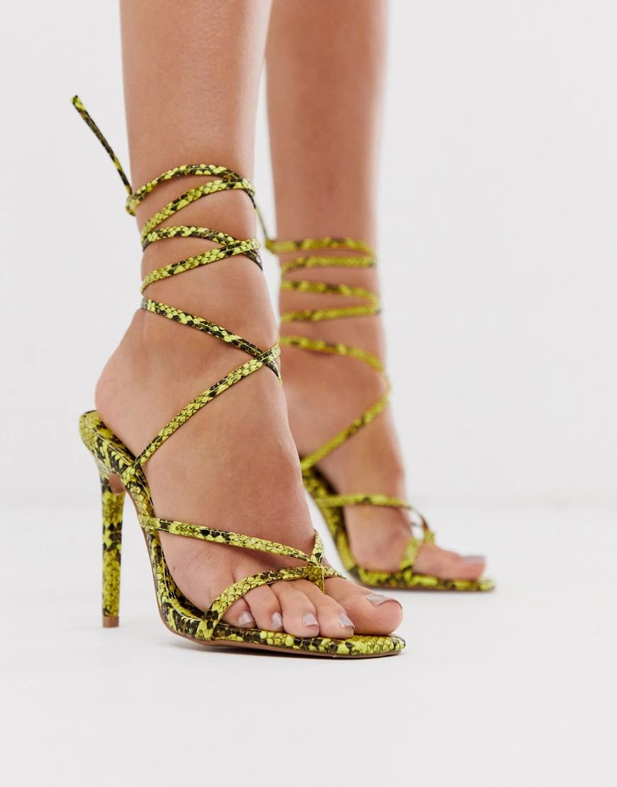 ASOS DESIGN Navigate barely there heeled sandal in neon yellow snake | ASOS (Global)
