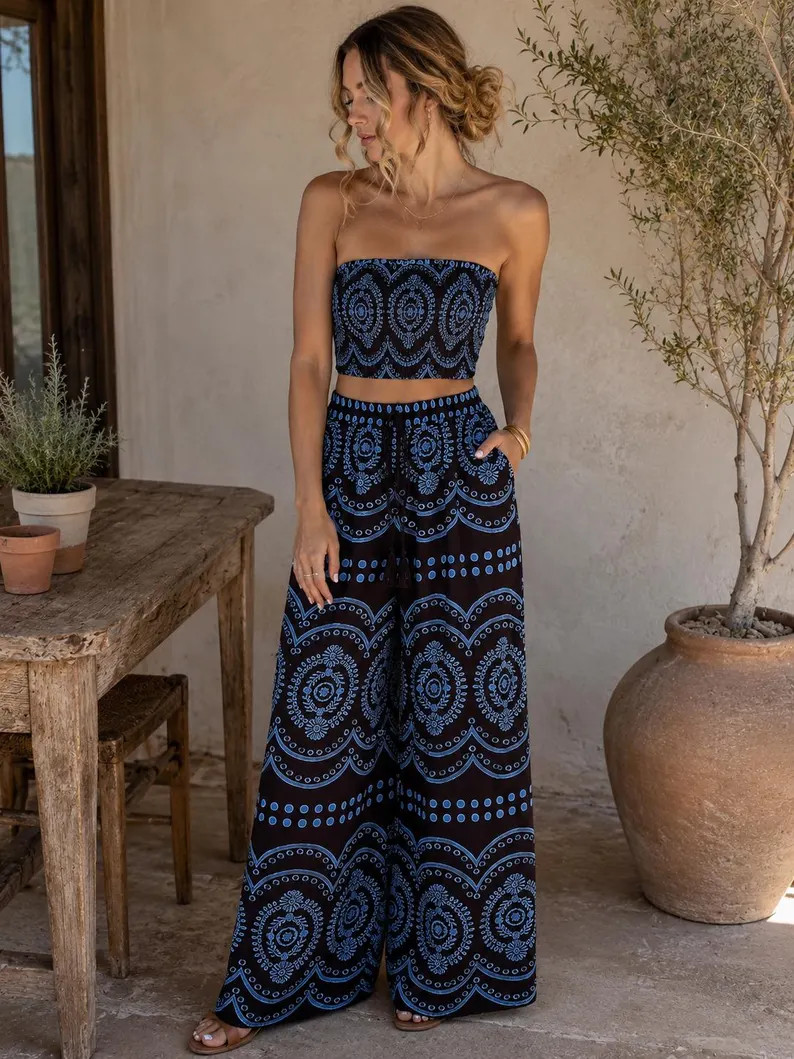 Blue White Boho Tube Top Wide Leg Pants Set Resort Vacation Outfit | Etsy (Global)