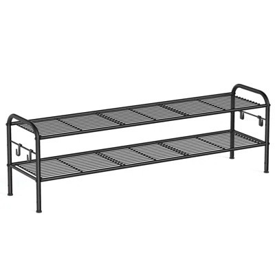 Two-Tier Shoe Rack With 4 Side Hooks, Holds 12 Pairs Of Shoes, Height-Adjustable, Black | Wayfair North America