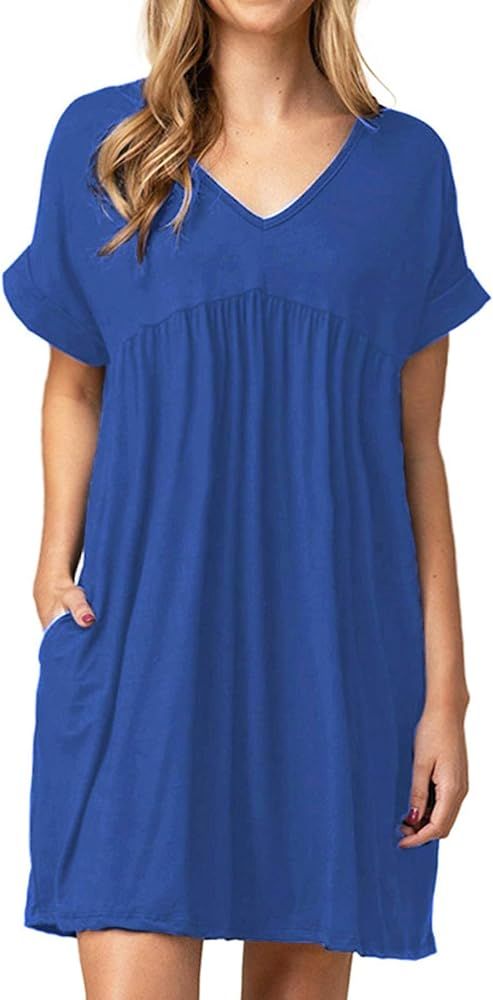 Jayscreate Women's Baby Doll Dress Summer Casual Tunic Pleated Flowy Swing Short Sleeve Black V N... | Amazon (US)