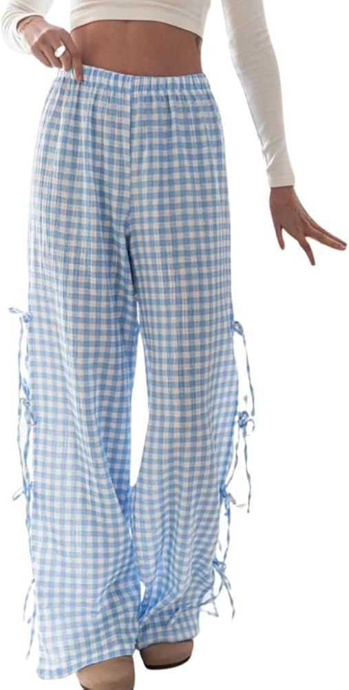 Womens Gingham Striped Wide Leg Pants Y2k Lounge Pants Lace Up Loose Trousers | Amazon (US)