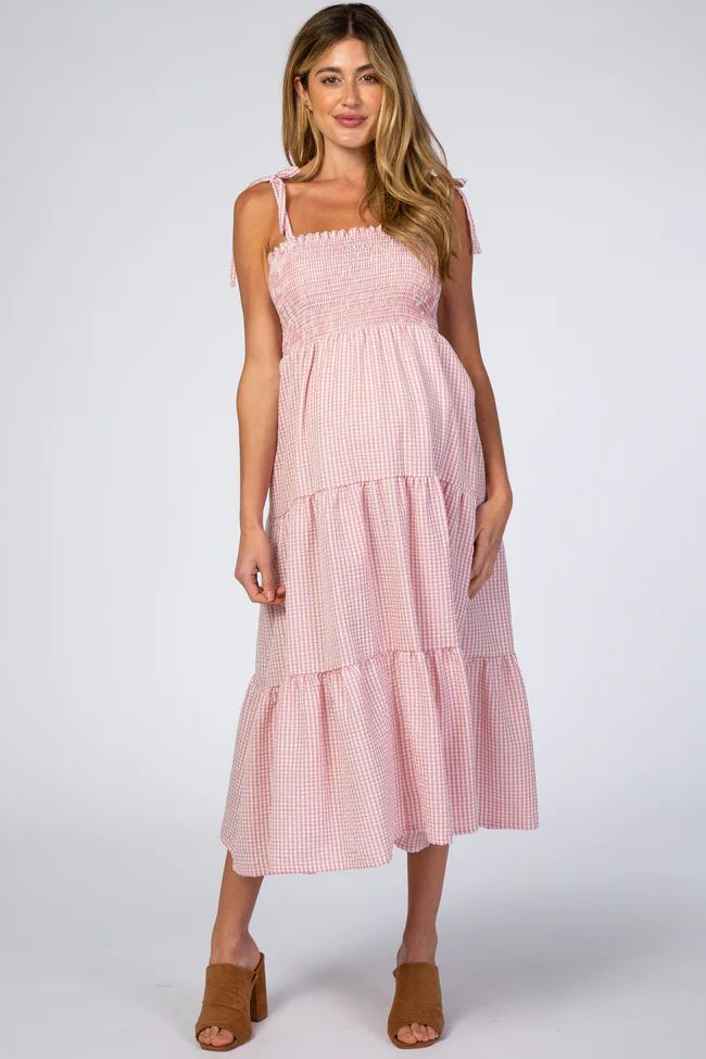 Pink Checkered Tiered Maternity Midi Dress | PinkBlush Maternity