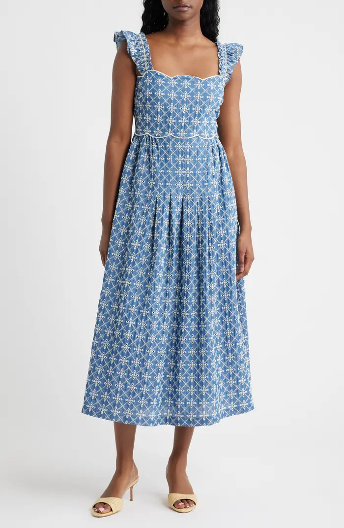 MOON RIVER Embroidered Flutter Sleeve Cotton Blend Midi Dress | Nordstrom | Nordstrom