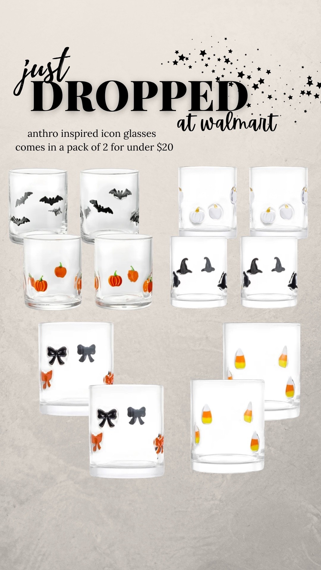 walmart did it again 🎃🖤 these anthro-inspired halloween icon glasses just dropped and they are SO cute! bats, pumpkins, witch hats, bows, candy corn + more 👻 each set comes with 2 glasses for under $20! linked them all here before the cutest ones disappear 🏃🏼‍♀️🎃

Walmart Halloween, Halloween glasses, Halloween drinkware, Halloween glassware, fall entertaining, Halloween party, Halloween hosting, Halloween table decor, Anthropologie inspired, pumpkin glasses, bat glasses, witch hat glasses, bow glasses, candy corn glasses.

#LTKSeasonal #LTKHome #LTKSaleAlert