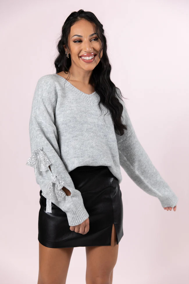 Glad Tidings Grey Shimmer Bow Sleeve V-neck Sweater | Pink Lily