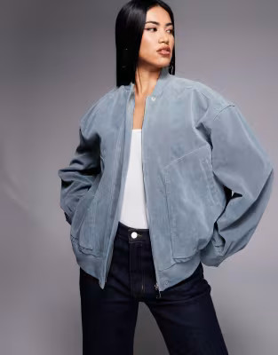 Kaiia exclusive faux suede bomber jacket in baby blue | ASOS (Global)