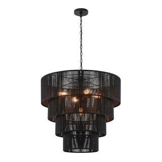 KAWOTI 5-Light Black Oversize 4-Tiered Pendant Light with Rattan Shade 21279 - The Home Depot | The Home Depot
