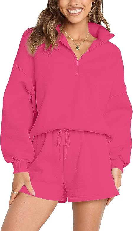 MEROKEETY Women's Oversized 2 Piece Lounge Sets Long Sleeve Zipper Shorts Sweatsuit Outfits with ... | Amazon (US)